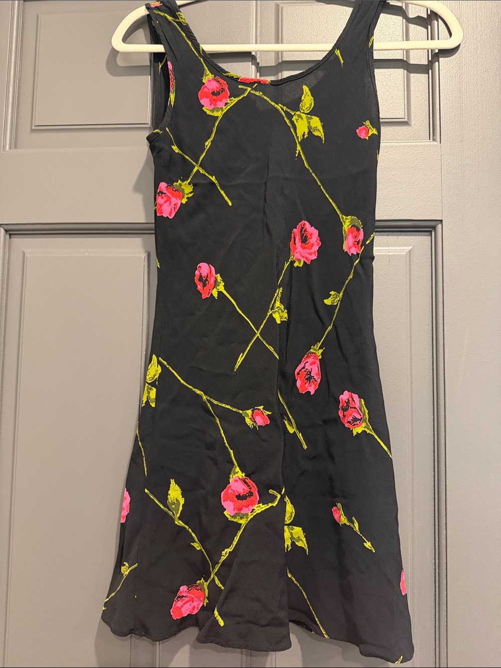 Betsey Johnson Black Dress with Neon Pink Rose Print